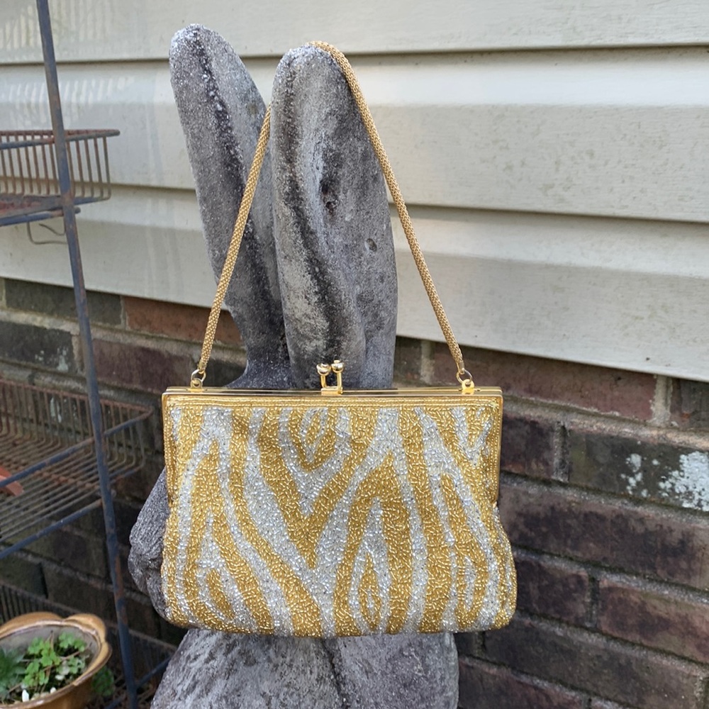 Vintage Silver and Gold Beaded Zebra Print Evening Bag